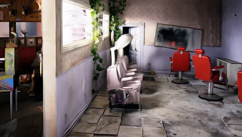 Midpoint: a pale wall crosses the left third with the salon behind it