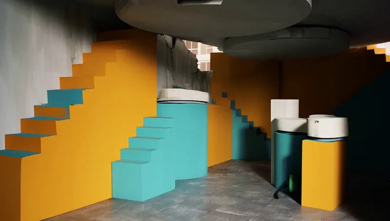 Midpoint: an invented mustard and turquoise staircase in an empty grey room