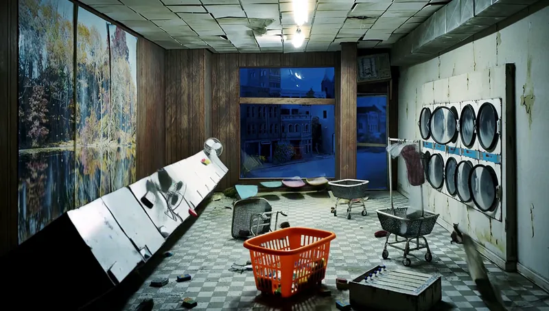 Midpoint: the wall of washing machines tilted over at an angle, mid-move