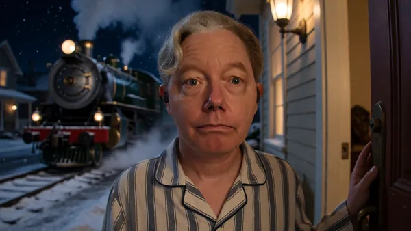 Still: a boy on a train at night, Polar Express pastiche