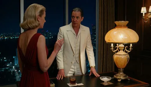 Still: white suit in a penthouse at night, Scarface pastiche
