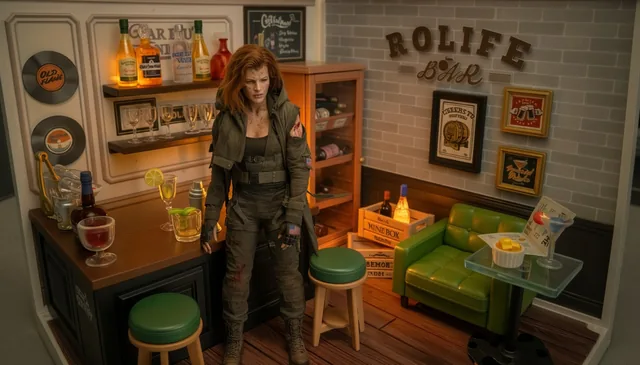 Alice from Resident Evil in the miniature bar.
