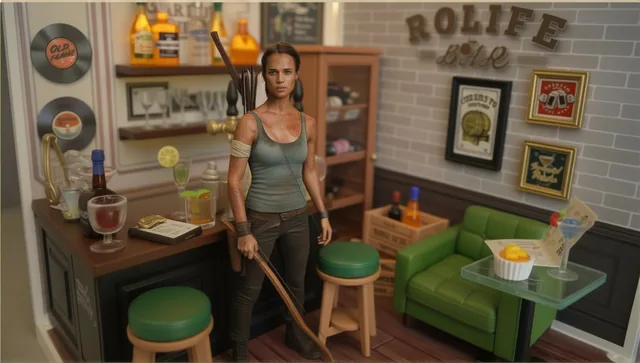 Lara Croft in the miniature bar.