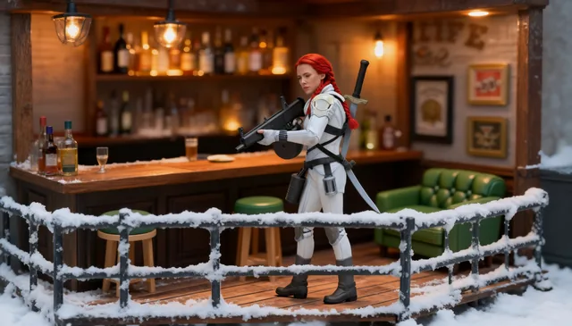 Black Widow in white snow suit in the miniature bar.