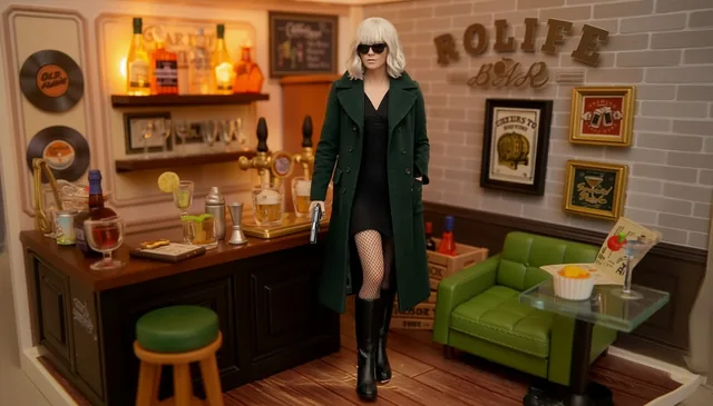 Lorraine Broughton / Atomic Blonde in the miniature bar.