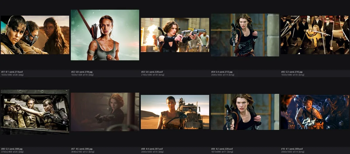 Contact sheet of ranked candidate film stills.