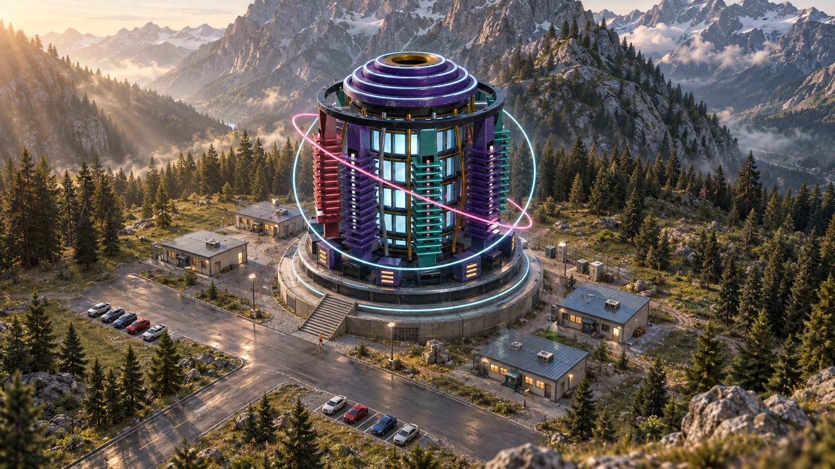 AI-enhanced photographic visualization of Prism Valley, a colorful reactor in an alpine landscape